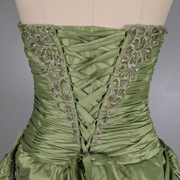 Vintage Prom Dress Ball Gown Maxi 10 Green Y2K Fairy Princess Beaded Strapless - Picture 2 of 16